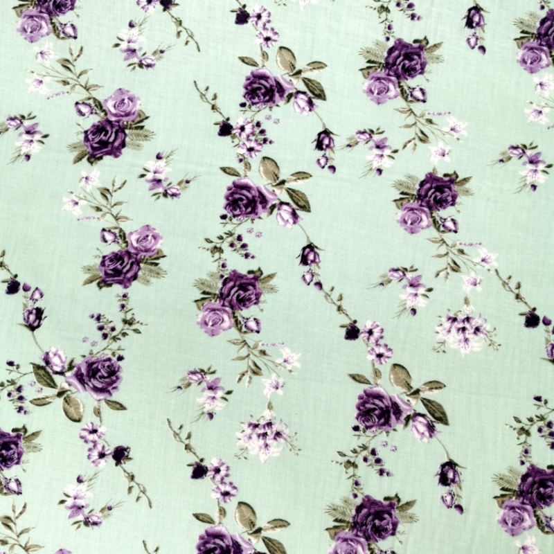 Printed Egyptian Cotton -  Purple Roses on Mint